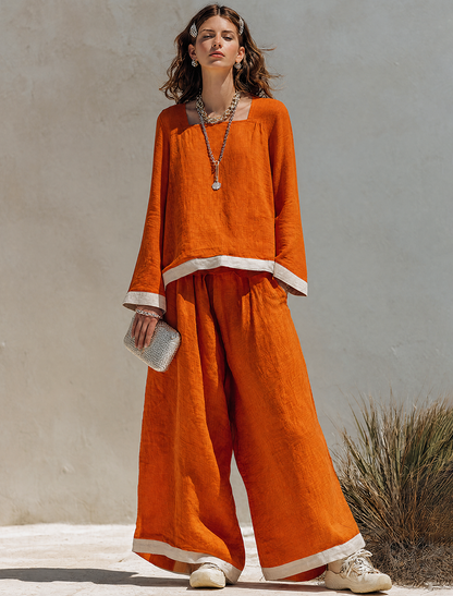 Women's Cotton-Linen Blend Square-Neck Long-Sleeve Top & Wide-Leg Pants Set With Contrast Trim