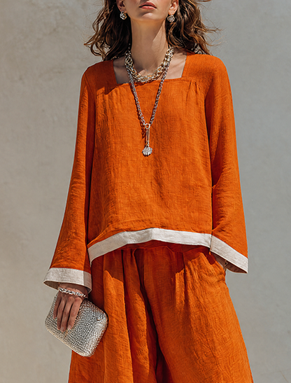 Women's Cotton-Linen Blend Square-Neck Long-Sleeve Top & Wide-Leg Pants Set With Contrast Trim