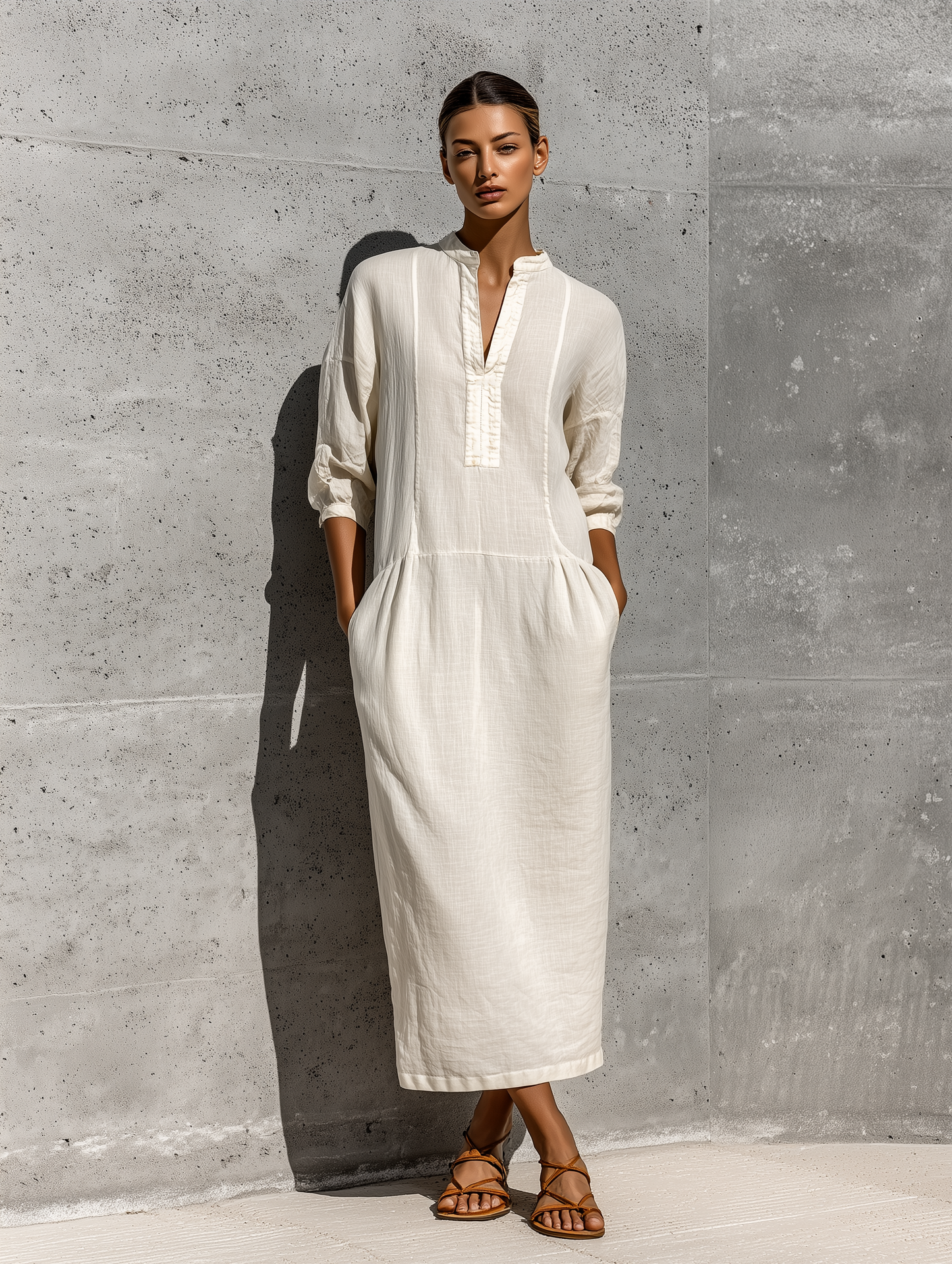 Women's Off White Cotton-linen Blend Stand Collar Split Neck Three Quarter Sleeve Pocket Midi Dress