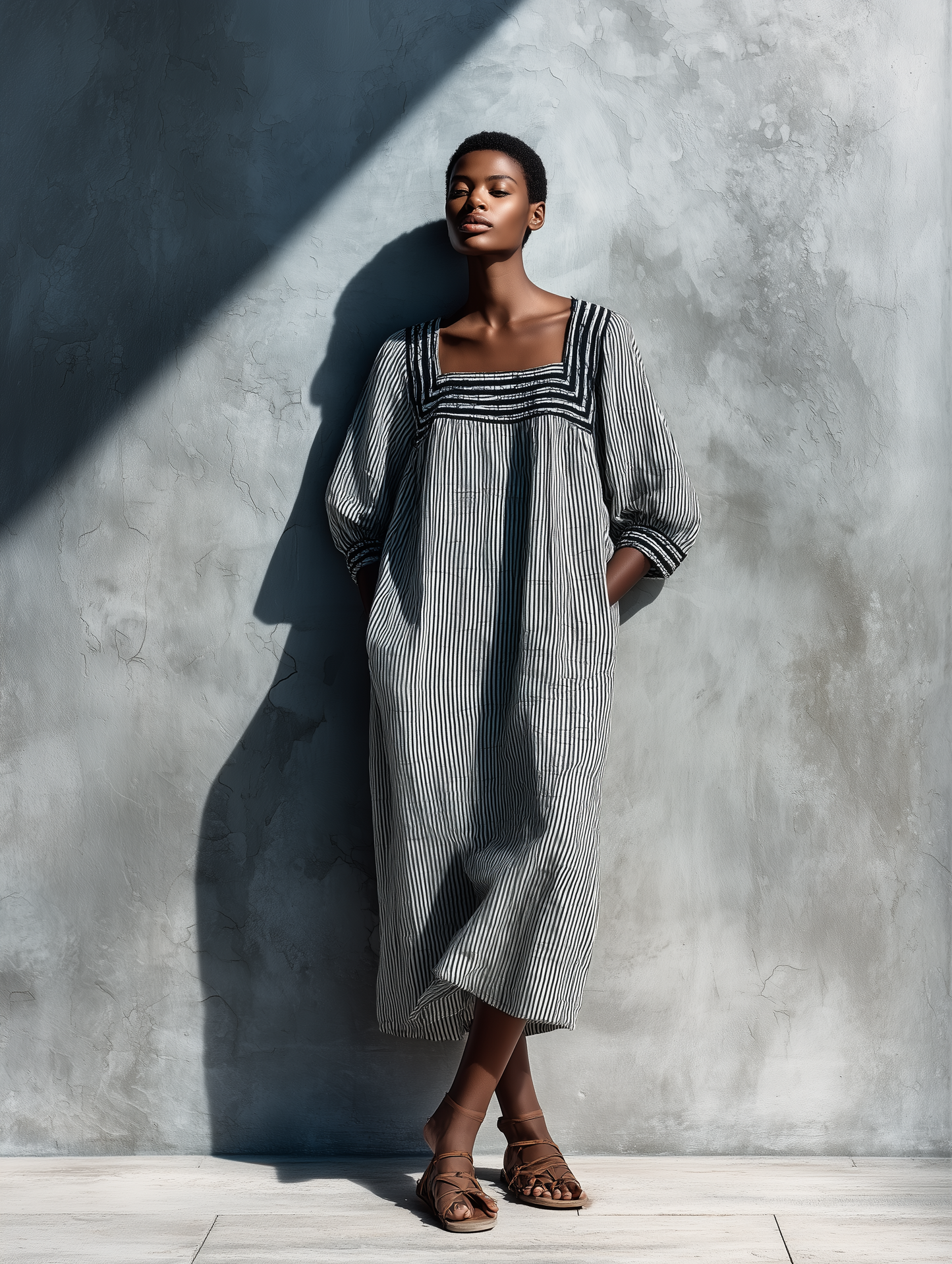 Women's Black White Vertical Stripe Linen Square Neck Puff Sleeve Pocket Loose Midi Dress
