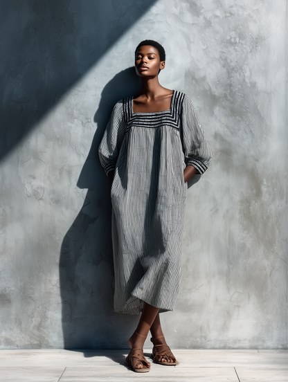 Women's Black White Vertical Stripe Linen Square Neck Puff Sleeve Pocket Loose Midi Dress
