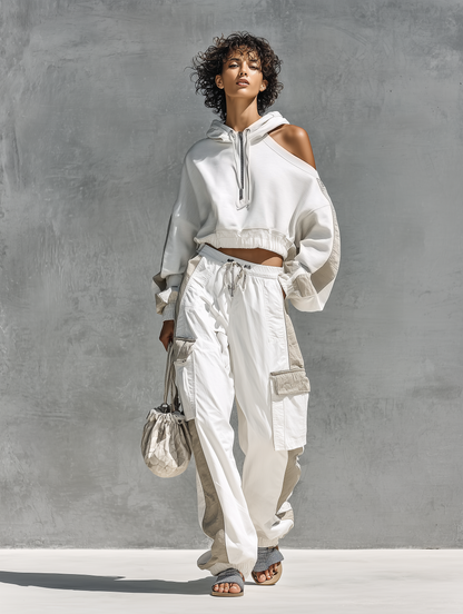 Women's Two Tone Patchwork Asymmetrical Cold Shoulder Hooded Sweatshirt Multi Pocket Cargo Pants Tracksuit Set
