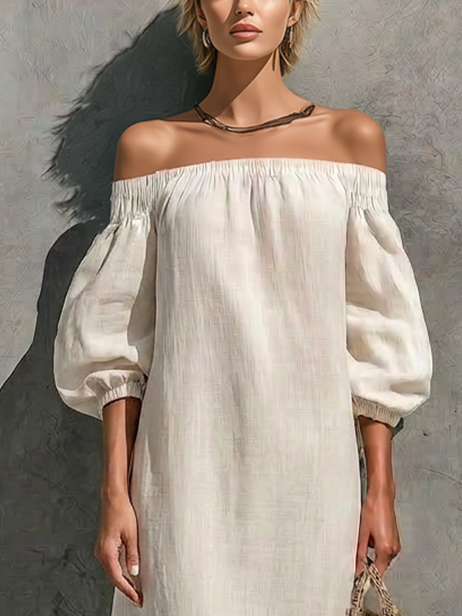 Women’s Off White Cotton-linen Blend Off The Shoulder Elastic Neck Puff Cuffed Sleeve Asymmetrical Fringe Hem Maxi Dress