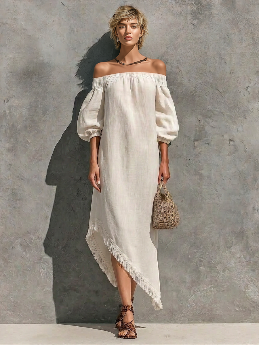 Women’s Off White Cotton-linen Blend Off The Shoulder Elastic Neck Puff Cuffed Sleeve Asymmetrical Fringe Hem Maxi Dress