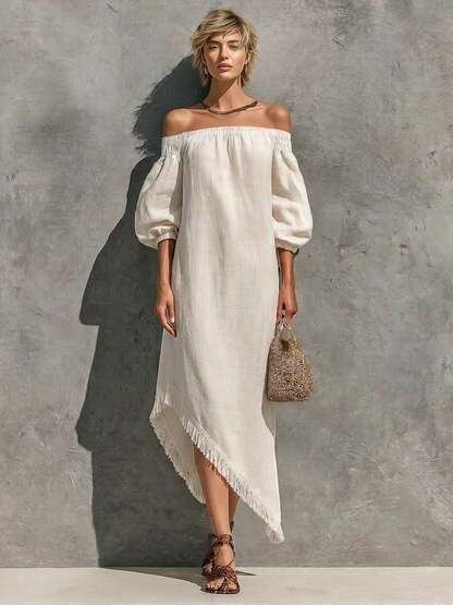 Women’s Off White Cotton-linen Blend Off The Shoulder Elastic Neck Puff Cuffed Sleeve Asymmetrical Fringe Hem Maxi Dress