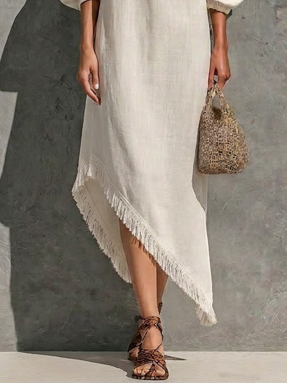 Women’s Off White Cotton-linen Blend Off The Shoulder Elastic Neck Puff Cuffed Sleeve Asymmetrical Fringe Hem Maxi Dress