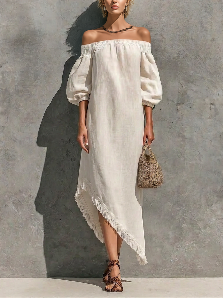 Women’s Off White Cotton-linen Blend Off The Shoulder Elastic Neck Puff Cuffed Sleeve Asymmetrical Fringe Hem Maxi Dress