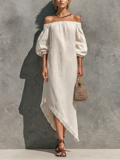 Women’s Off White Cotton-linen Blend Off The Shoulder Elastic Neck Puff Cuffed Sleeve Asymmetrical Fringe Hem Maxi Dress