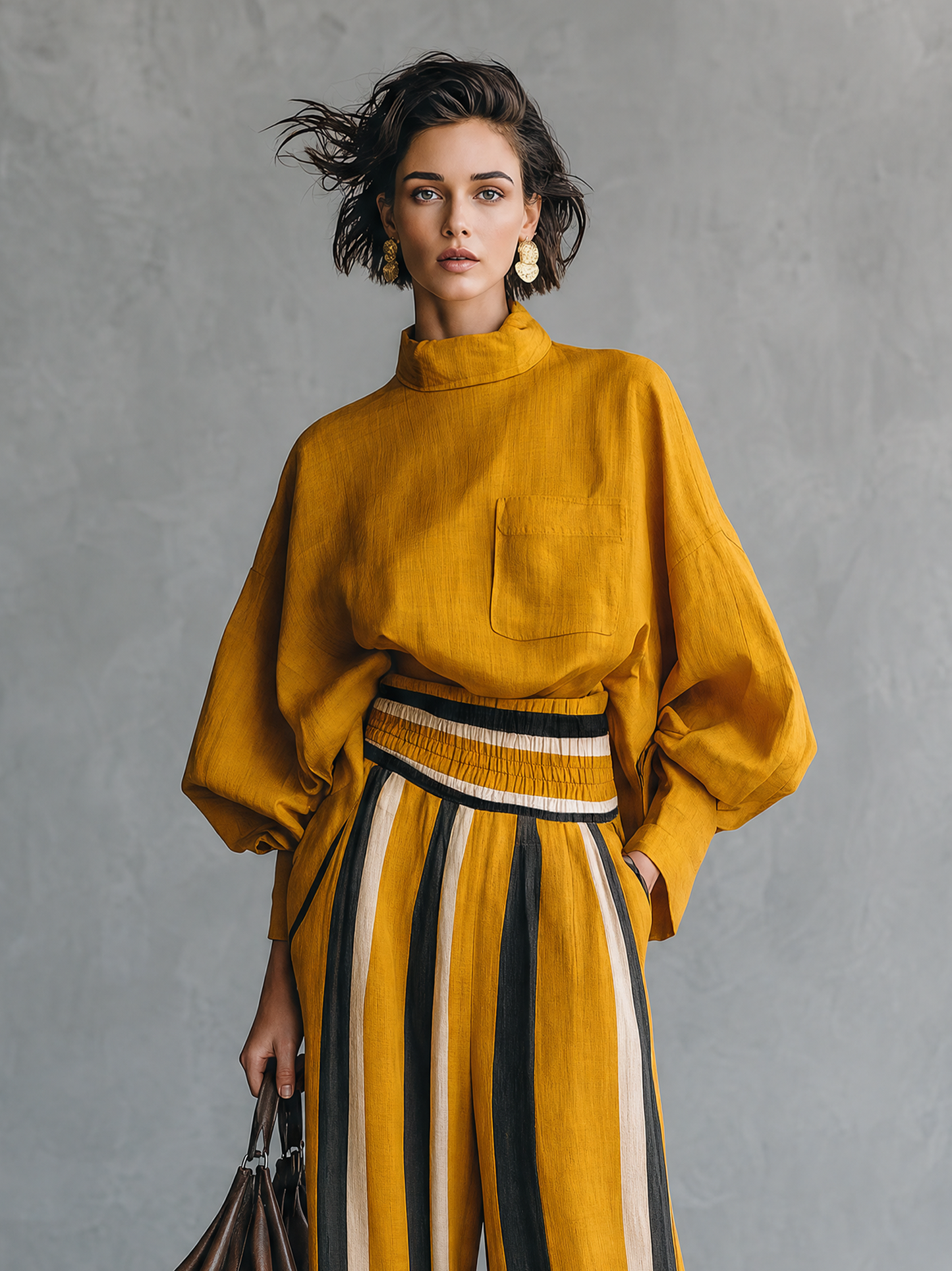 Women's Minimalist Linen-Blend Mock-Neck Lantern-Sleeve Blouse And Striped Print Trouser Set