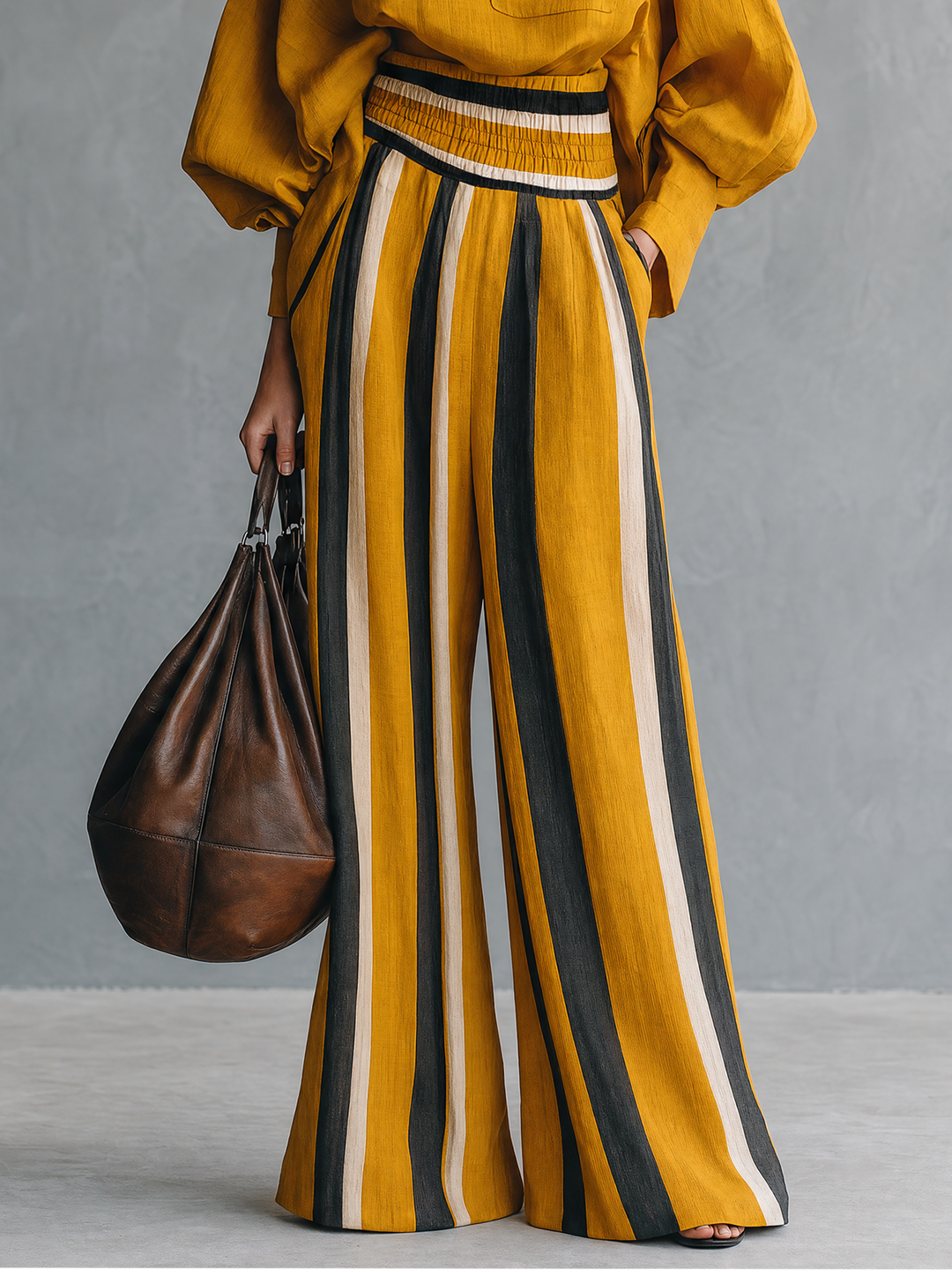 Women's Minimalist Linen-Blend Mock-Neck Lantern-Sleeve Blouse And Striped Print Trouser Set