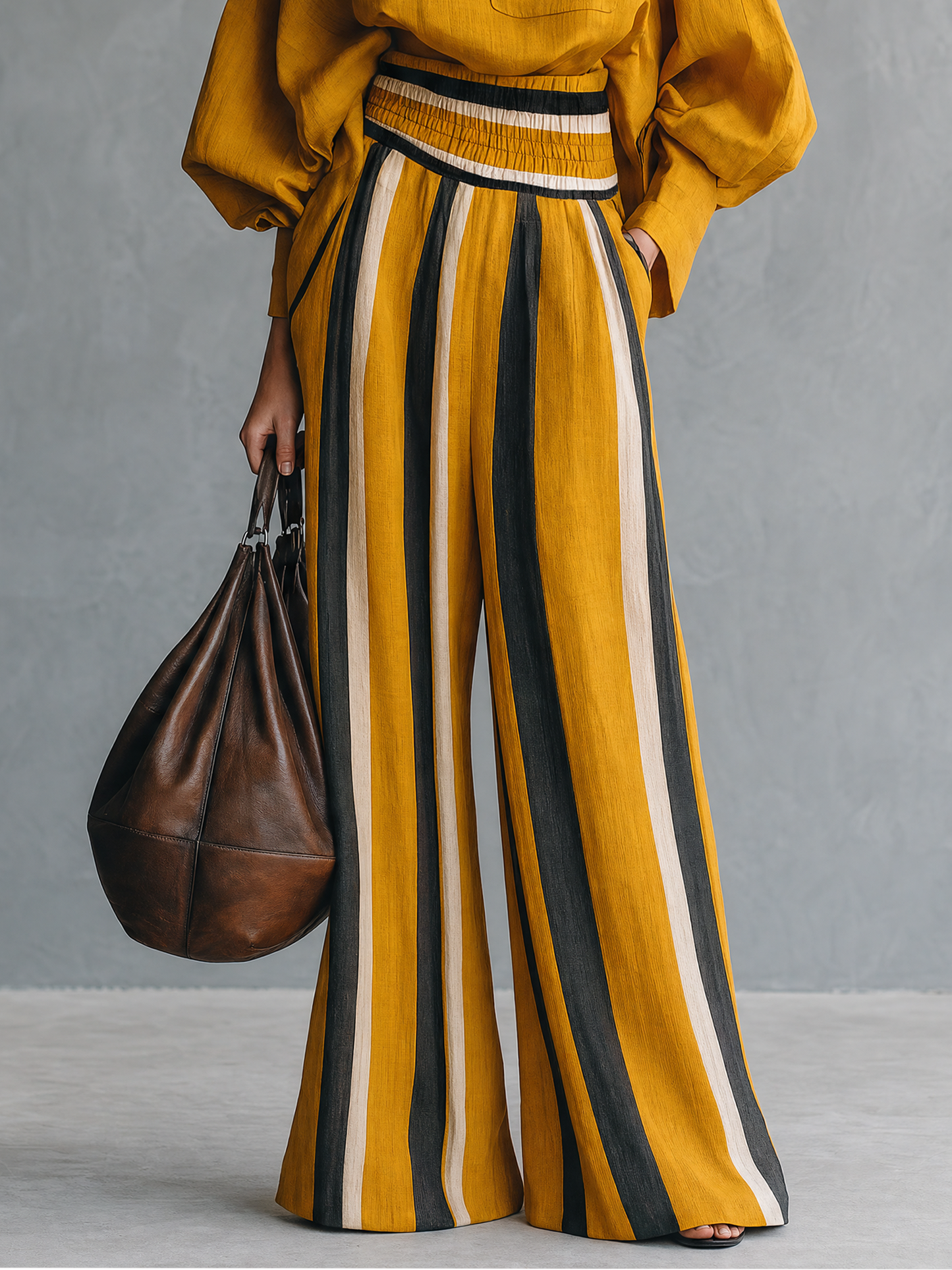 Women's Minimalist Linen-Blend Mock-Neck Lantern-Sleeve Blouse And Striped Print Trouser Set
