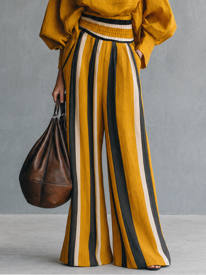 Women's Minimalist Linen-Blend Mock-Neck Lantern-Sleeve Blouse And Striped Print Trouser Set