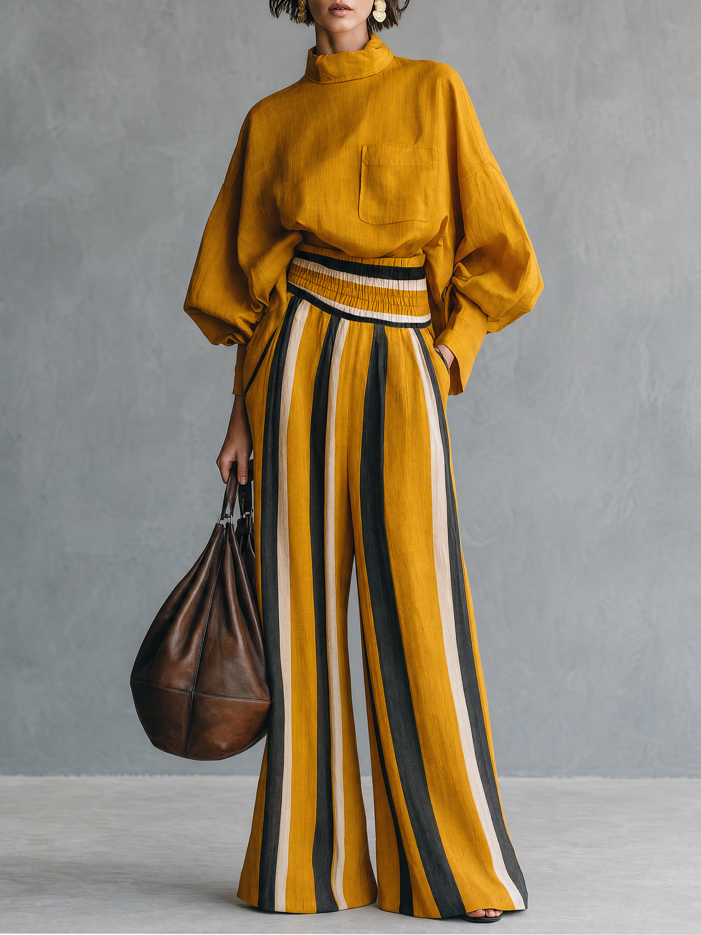 Women's Minimalist Linen-Blend Mock-Neck Lantern-Sleeve Blouse And Striped Print Trouser Set
