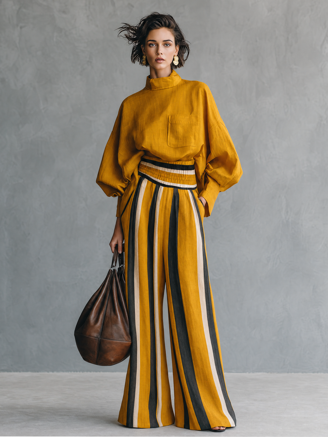 Women's Minimalist Linen-Blend Mock-Neck Lantern-Sleeve Blouse And Striped Print Trouser Set