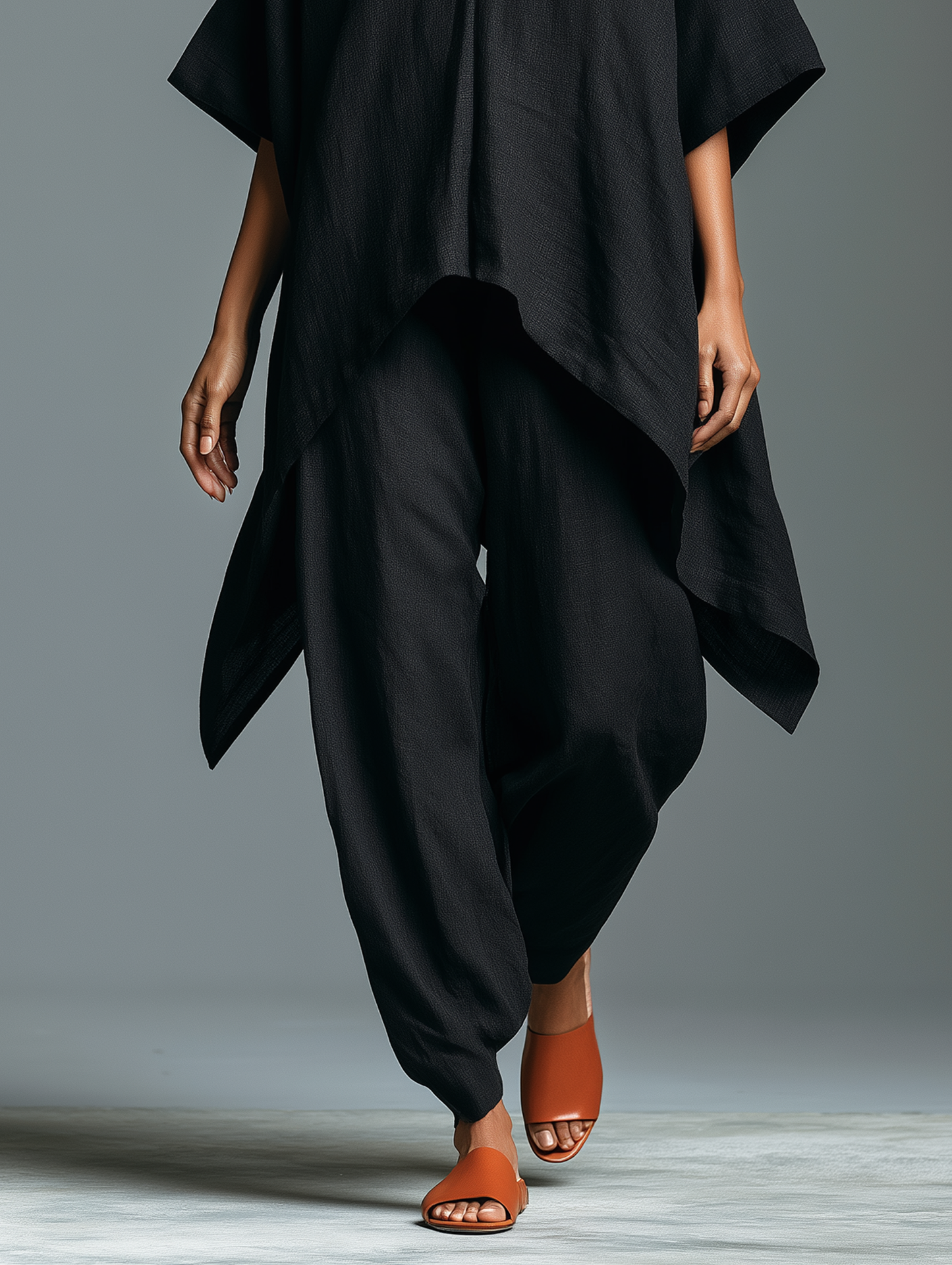 Women's Minimalist Linen-blend V-neck Mid-sleeve Blouse And Lantern Pants Set With An Asymmetrical Hem