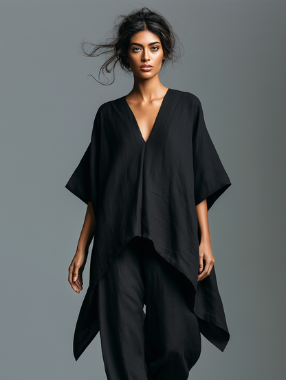 Women's Minimalist Linen-blend V-neck Mid-sleeve Blouse And Lantern Pants Set With An Asymmetrical Hem