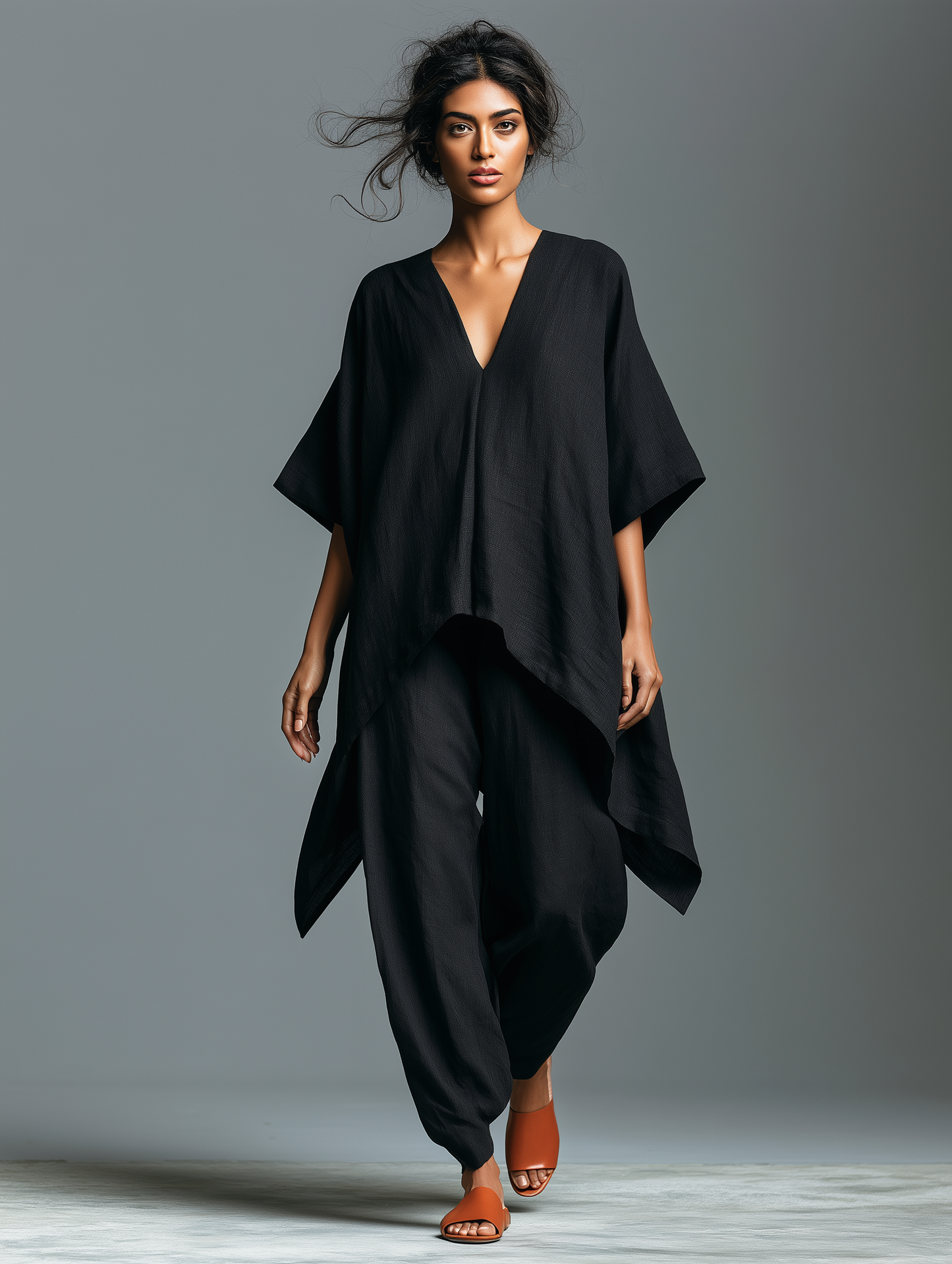 Women's Minimalist Linen-blend V-neck Mid-sleeve Blouse And Lantern Pants Set With An Asymmetrical Hem