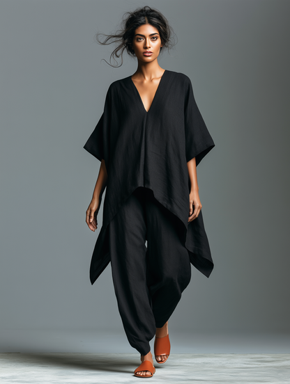 Women's Minimalist Linen-blend V-neck Mid-sleeve Blouse And Lantern Pants Set With An Asymmetrical Hem