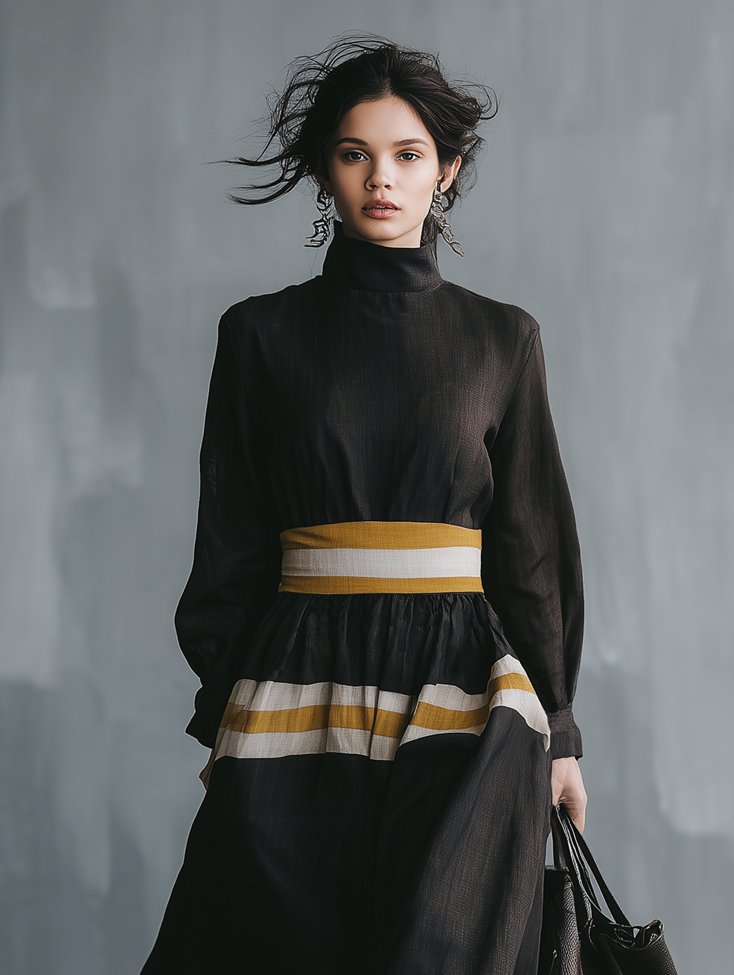Women's Minimalist Color-Block Linen-Blend Long-Sleeve Maxi Dress With Mock Neck