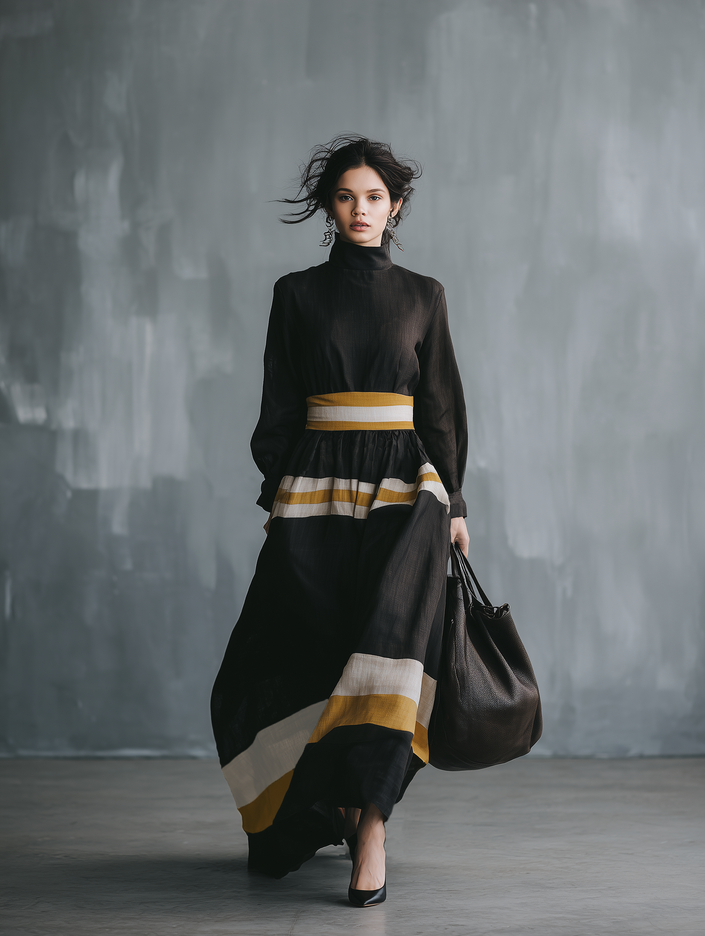 Women's Minimalist Color-Block Linen-Blend Long-Sleeve Maxi Dress With Mock Neck