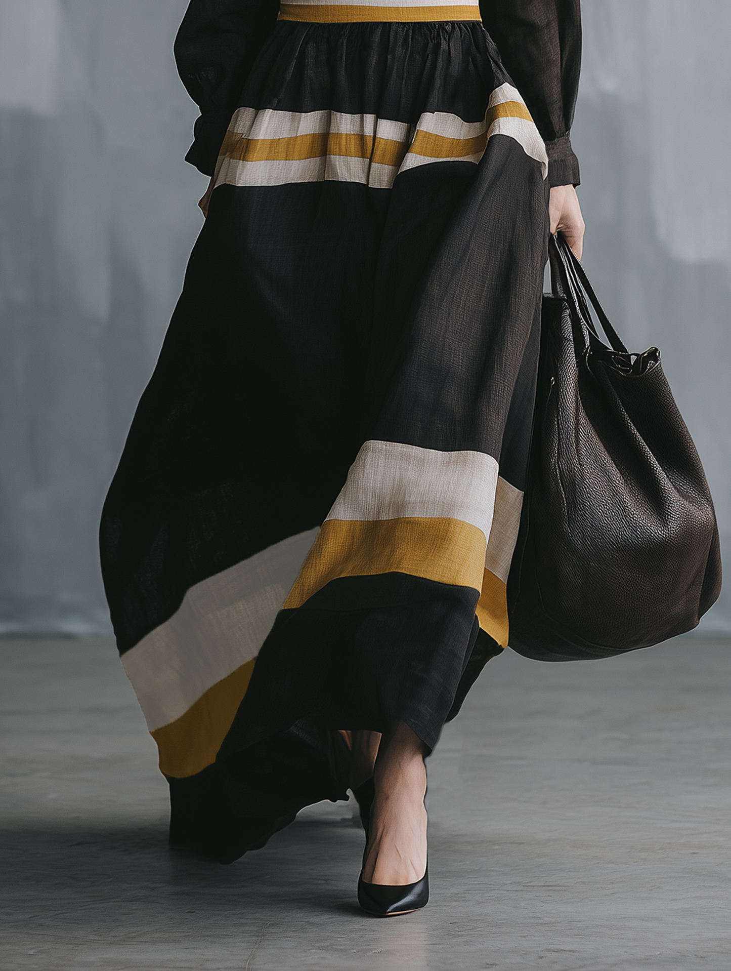 Women's Minimalist Color-Block Linen-Blend Long-Sleeve Maxi Dress With Mock Neck