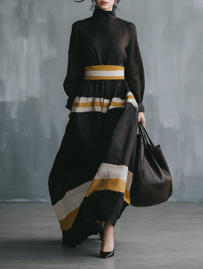Women's Minimalist Color-Block Linen-Blend Long-Sleeve Maxi Dress With Mock Neck