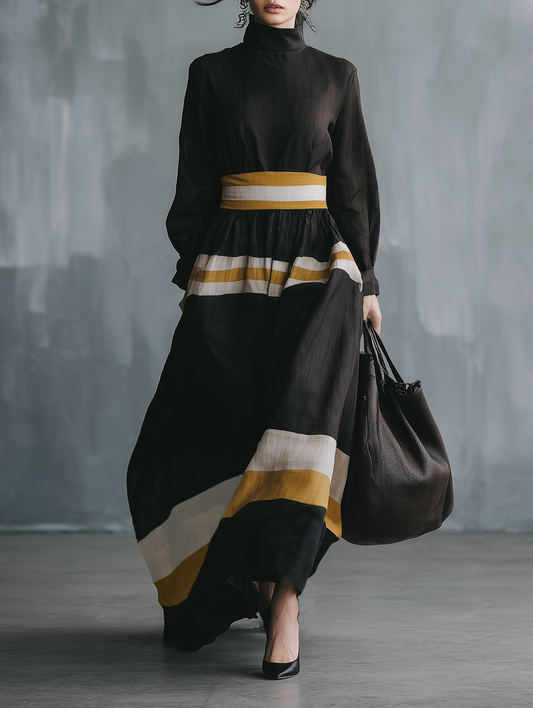 Women's Minimalist Color-Block Linen-Blend Long-Sleeve Maxi Dress With Mock Neck