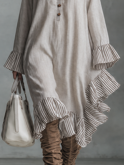 Women's Minimalist Striped Color-Block Midi Dress With Long Sleeves, Stand Collar, And Asymmetrical Hem