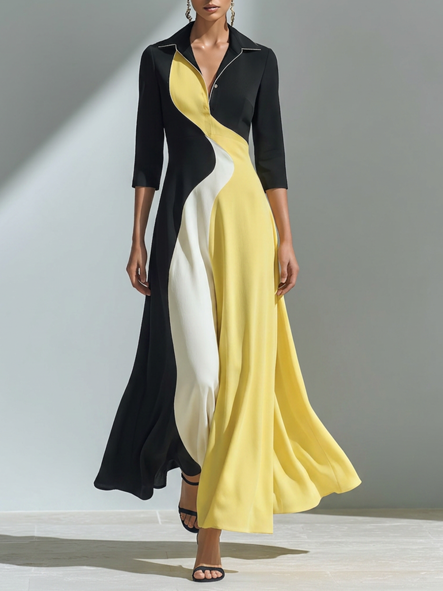 Women's Black Yellow White Cotton-Blend Maxi Dress With Collar Three Quarter Sleeves & Wavy Color Block Panel, Elegant Office Flowy Shirt Maxi Dress