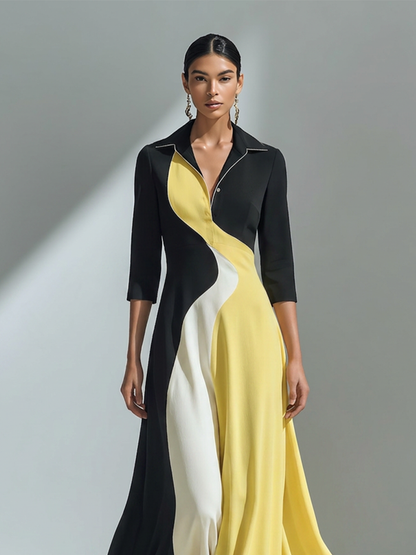 Women's Black Yellow White Cotton-Blend Maxi Dress With Collar Three Quarter Sleeves & Wavy Color Block Panel, Elegant Office Flowy Shirt Maxi Dress