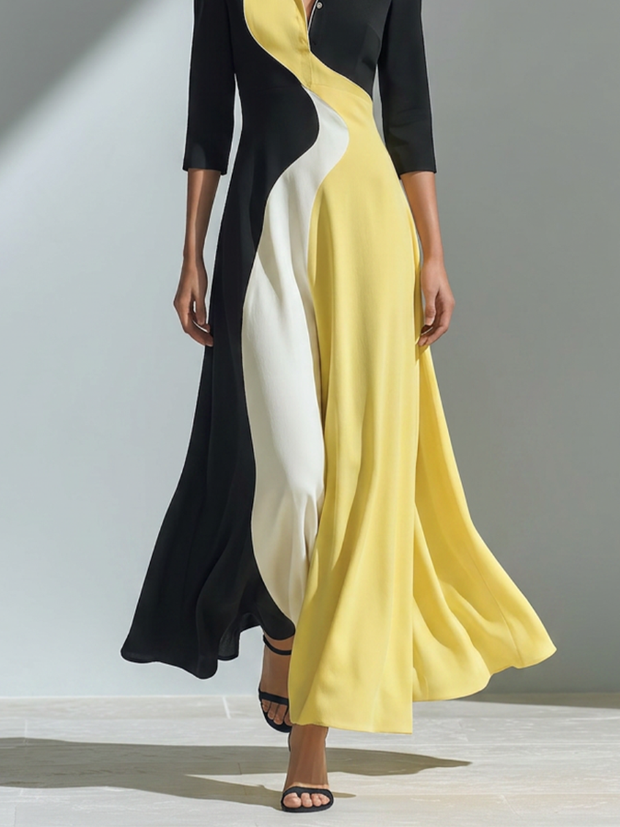 Women's Black Yellow White Cotton-Blend Maxi Dress With Collar Three Quarter Sleeves & Wavy Color Block Panel, Elegant Office Flowy Shirt Maxi Dress