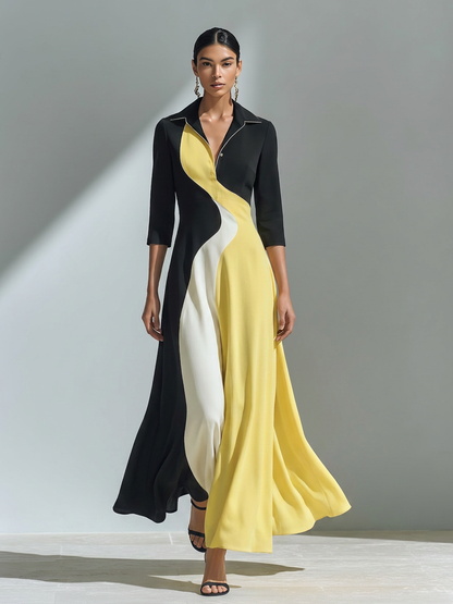 Women's Black Yellow White Cotton-Blend Maxi Dress With Collar Three Quarter Sleeves & Wavy Color Block Panel, Elegant Office Flowy Shirt Maxi Dress