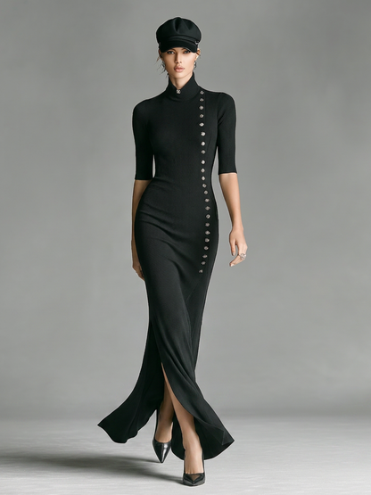 Women's Black Ribbed Knit Maxi Dress With Turtleneck Half Sleeve & Side Slit, Versatile Formal Party Bodycon Maxi Dress