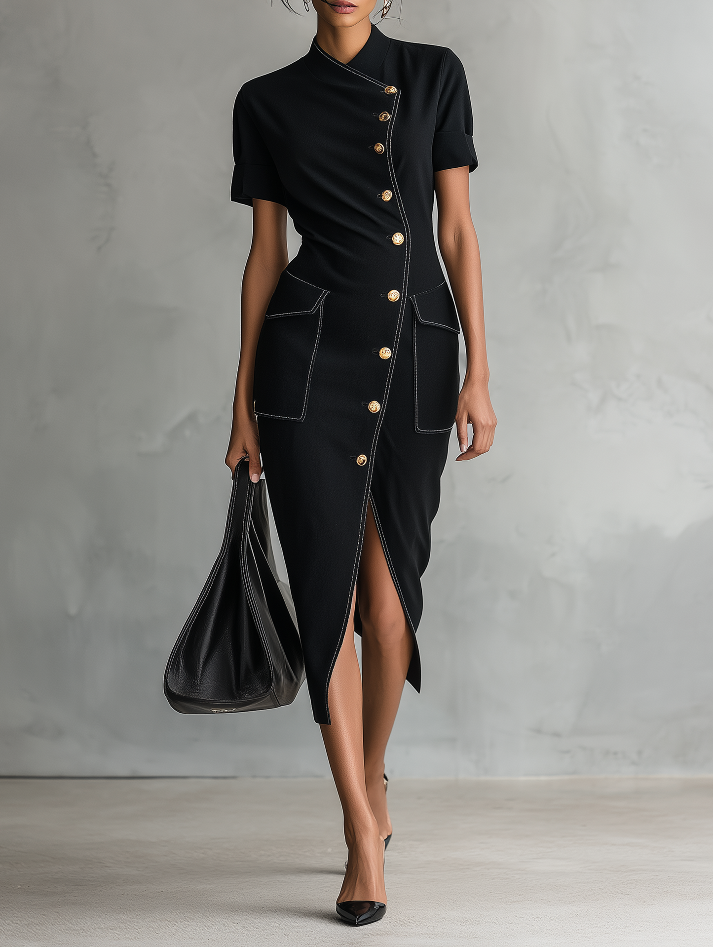Women's Minimalist Asymmetric Single-Breasted Short-Sleeve Midi Dress