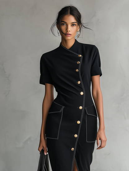 Women's Minimalist Asymmetric Single-Breasted Short-Sleeve Midi Dress