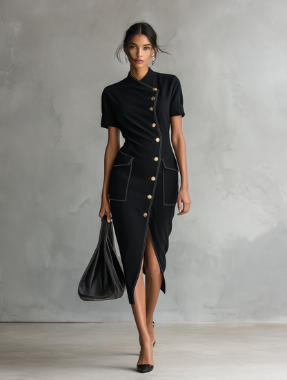 Women's Minimalist Asymmetric Single-Breasted Short-Sleeve Midi Dress
