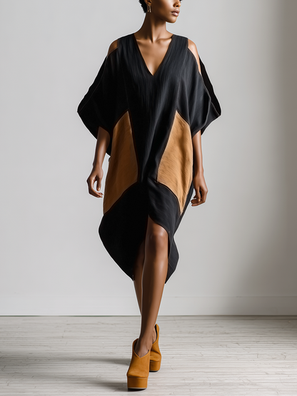 Women’s Black & Brown Cotton-linen Blend Geometric Color Block Cold Shoulder V Neck Batwing Sleeve Midi Dress
