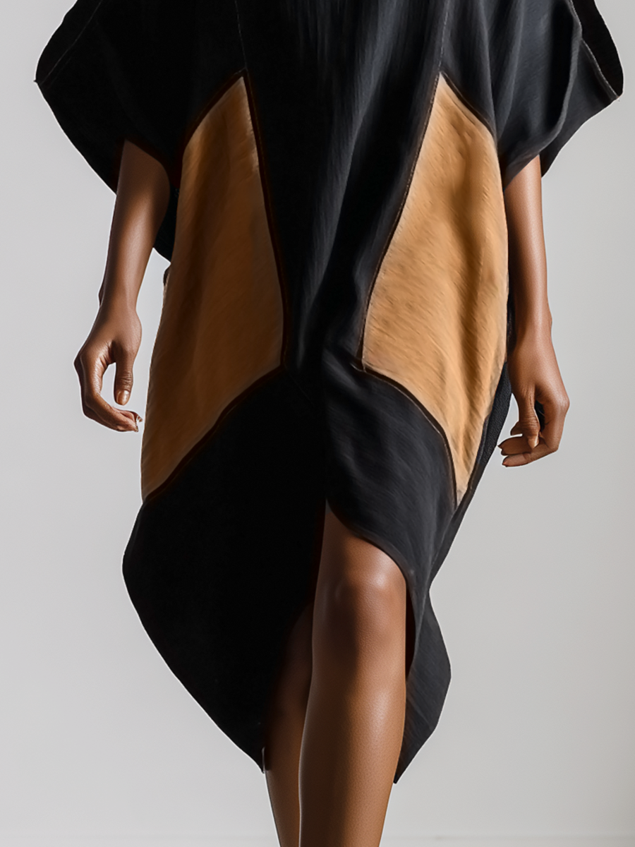 Women’s Black & Brown Cotton-linen Blend Geometric Color Block Cold Shoulder V Neck Batwing Sleeve Midi Dress