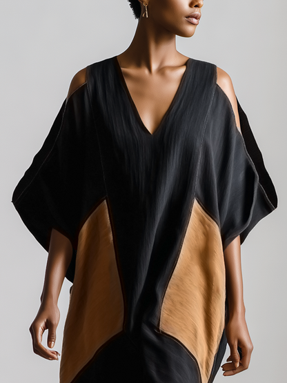 Women’s Black & Brown Cotton-linen Blend Geometric Color Block Cold Shoulder V Neck Batwing Sleeve Midi Dress