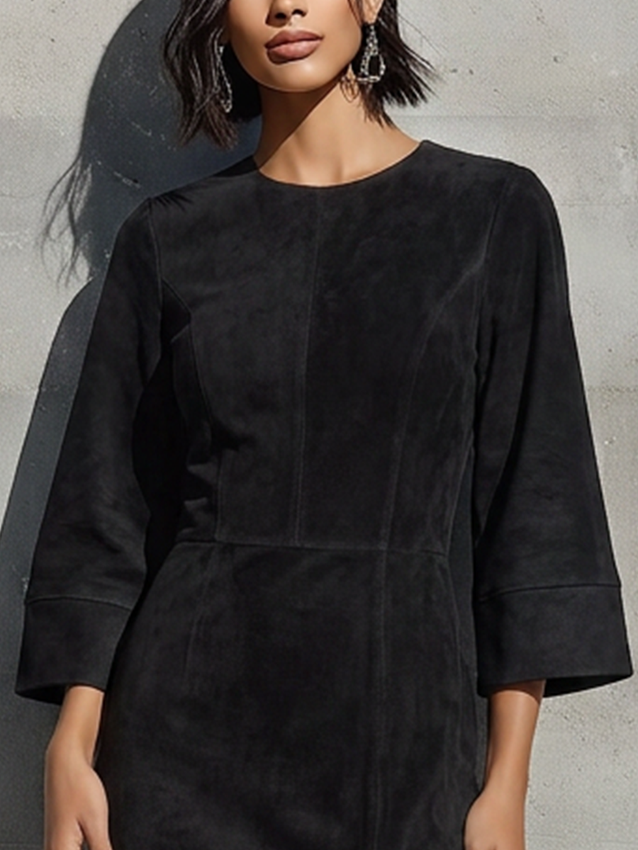 Women’s Black Faux Suede Crew Neck Flare Three Quarter Sleeve Lace Trim Front High Slit Midi Bodycon Dress