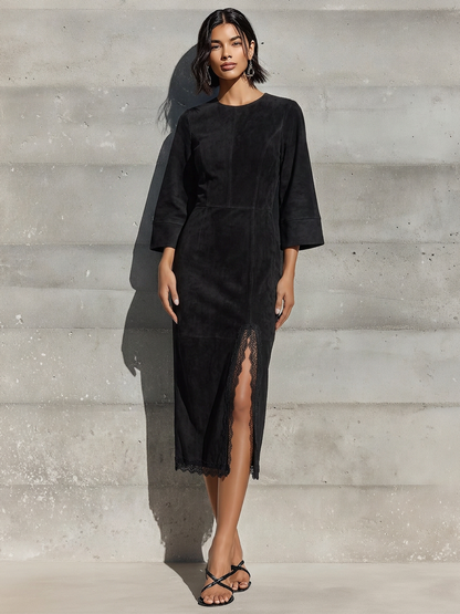 Women’s Black Faux Suede Crew Neck Flare Three Quarter Sleeve Lace Trim Front High Slit Midi Bodycon Dress