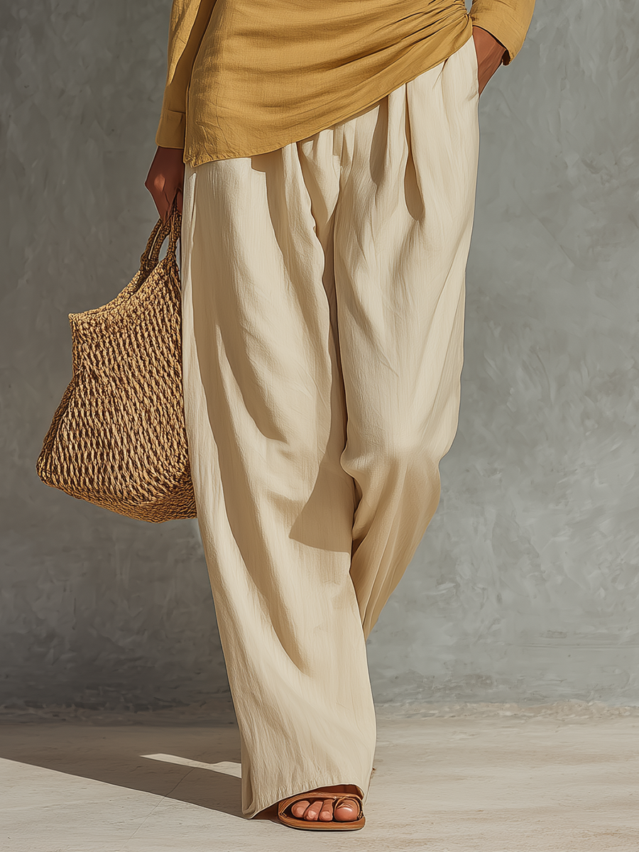 Women’s Mustard Linen Collar Half Button Side Ruched Asymmetrical Hem Long Sleeve Top & Beige High Waist Pocket Wide Leg Pants Two Piece Matching Set