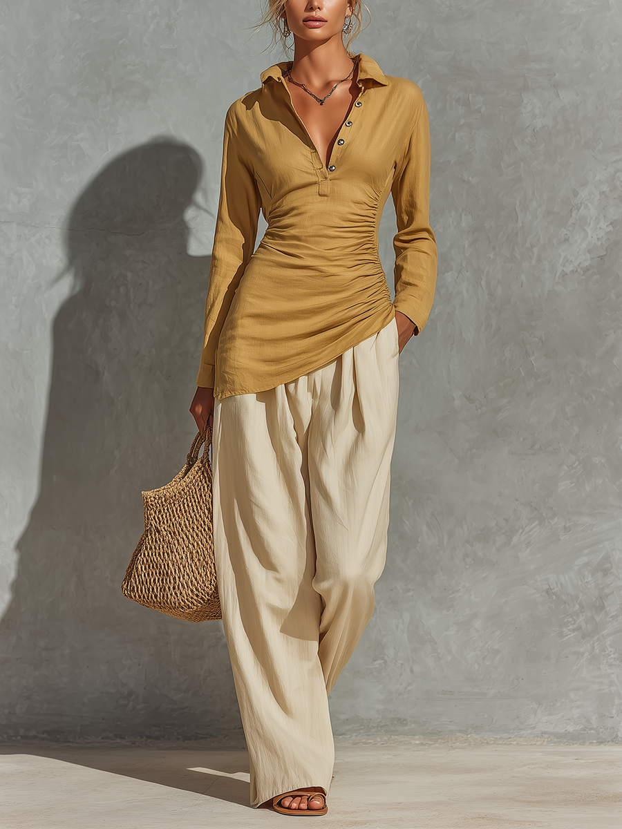 Women’s Mustard Linen Collar Half Button Side Ruched Asymmetrical Hem Long Sleeve Top & Beige High Waist Pocket Wide Leg Pants Two Piece Matching Set