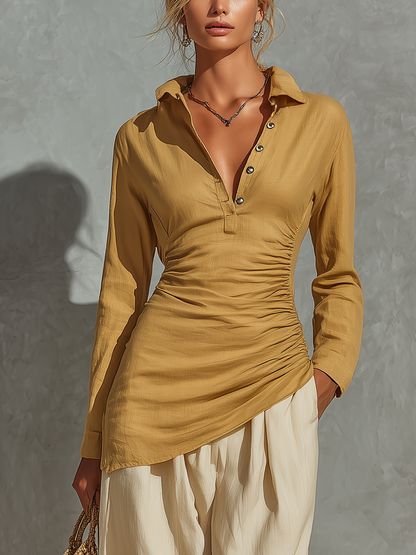 Women’s Mustard Linen Collar Half Button Side Ruched Asymmetrical Hem Long Sleeve Top & Beige High Waist Pocket Wide Leg Pants Two Piece Matching Set