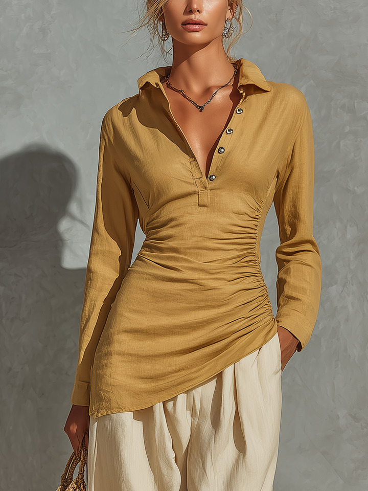 Women’s Mustard Linen Collar Half Button Side Ruched Asymmetrical Hem Long Sleeve Top & Beige High Waist Pocket Wide Leg Pants Two Piece Matching Set