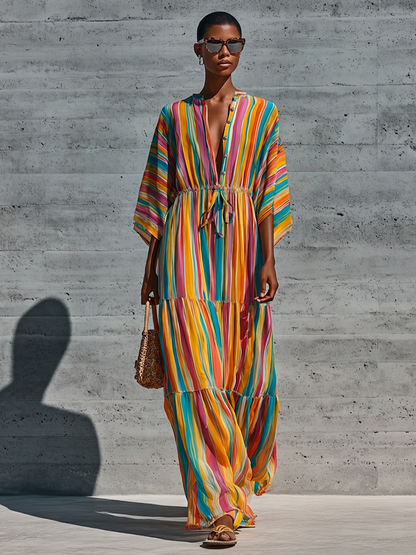 Women’s Rainbow Vertical Stripe Chiffon Stand Collar Half Button Kimono Sleeve Drawstring Waist Tiered Ruffle Maxi Dress