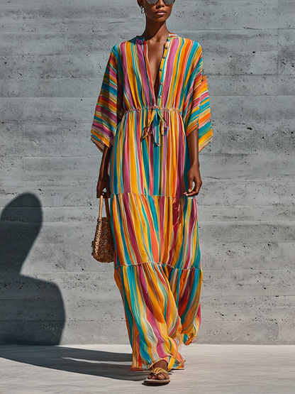 Women’s Rainbow Vertical Stripe Chiffon Stand Collar Half Button Kimono Sleeve Drawstring Waist Tiered Ruffle Maxi Dress