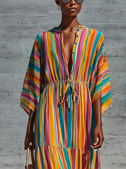 Women’s Rainbow Vertical Stripe Chiffon Stand Collar Half Button Kimono Sleeve Drawstring Waist Tiered Ruffle Maxi Dress
