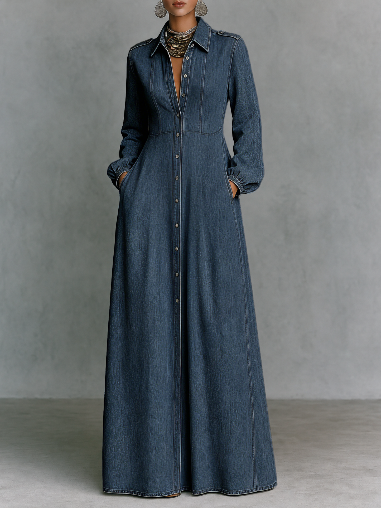 Women's Minimalist Long-Sleeve Denim Maxi Dress With Collar And Epaulettes