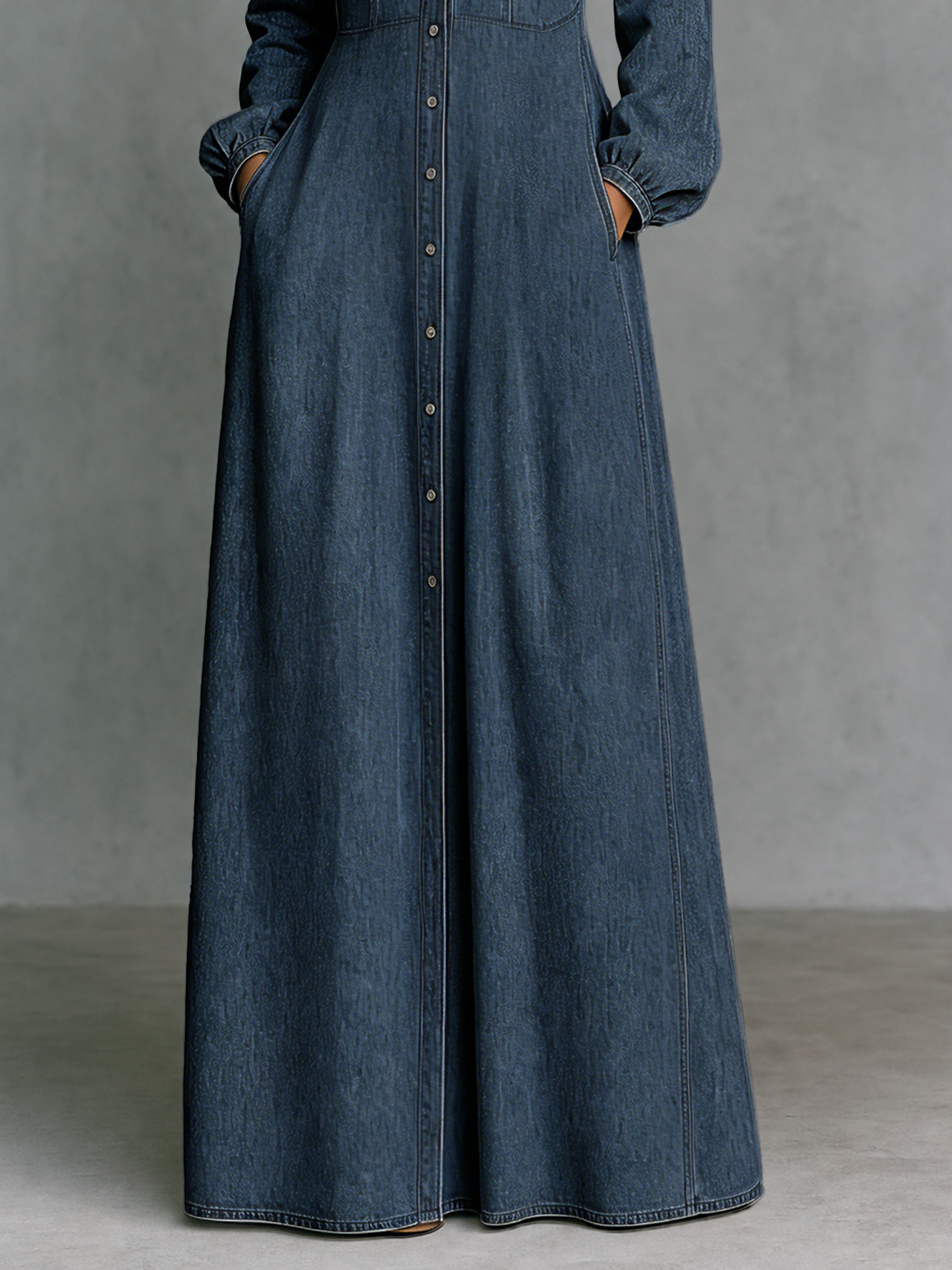 Women's Minimalist Long-Sleeve Denim Maxi Dress With Collar And Epaulettes